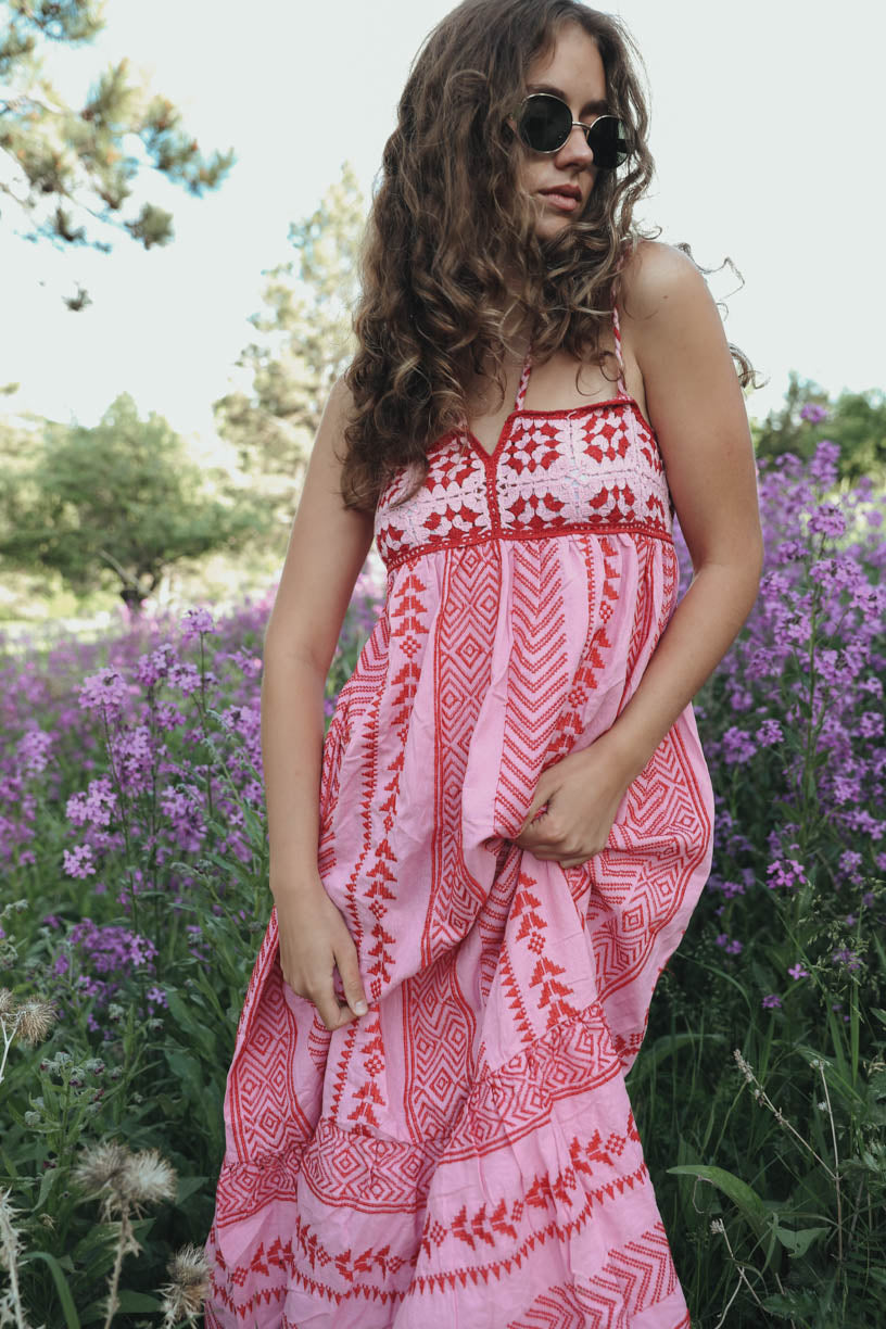Bohemian Embroidered Maxi Dress - Tiered Skirt