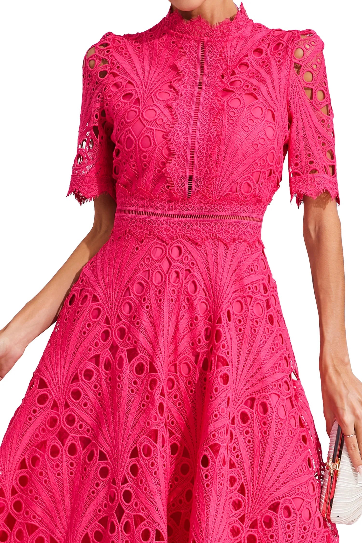 Women's Lace Midi Dress – High Neckline, Short Sleeve, Cut-Out Detail-83326-00561e81-6619-4de6-a70f-4a2759898086