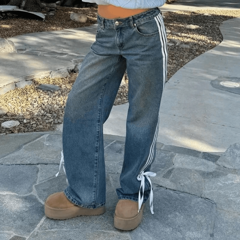 Wide-Leg Jeans – High Waist, Cable Knit Stripe