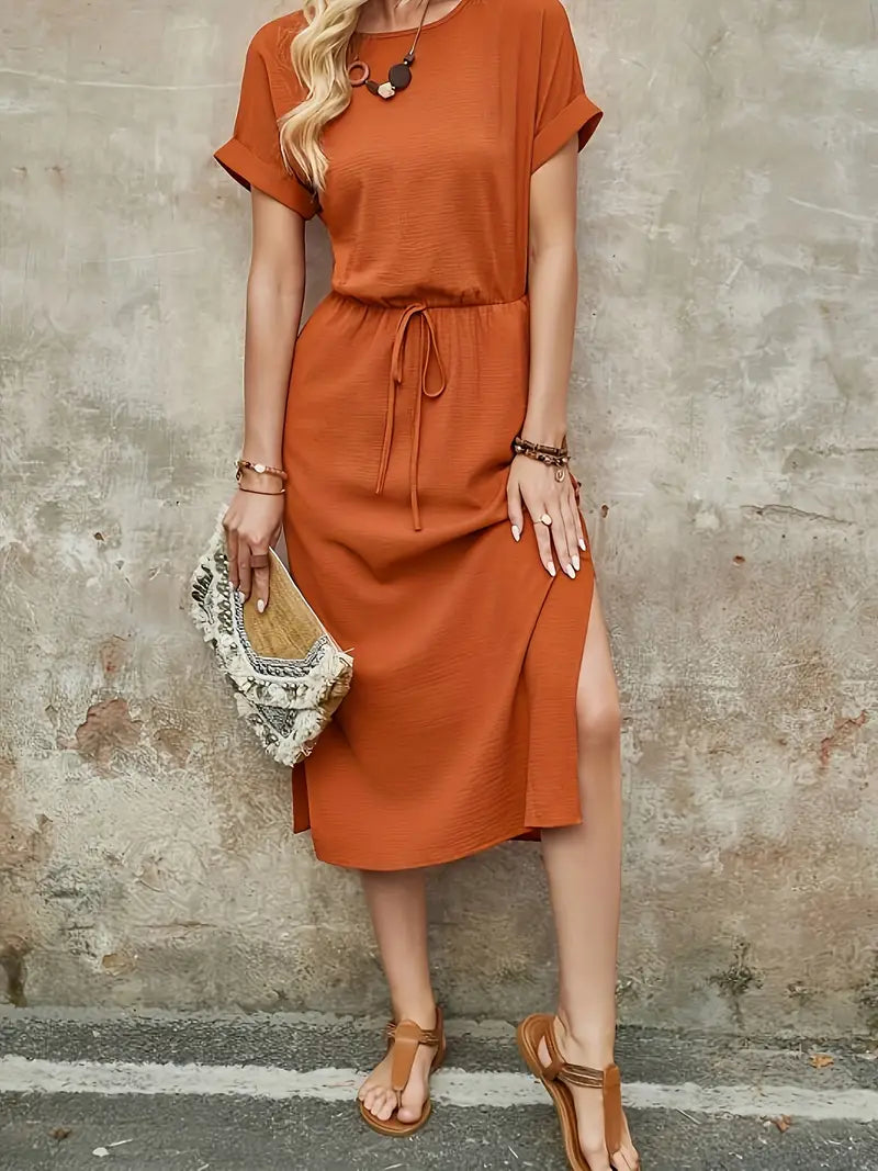 Textured Midi Dress - Drawstring Waist Slit