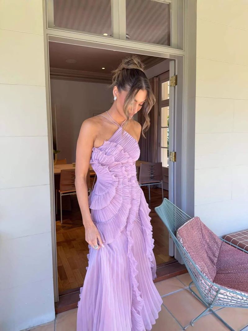 Women's Pleated Halter Dress – Ruffle Detail, Elegant Silhouette-83561-02a20977-ea14-4c4a-a51b-7a81933741e2