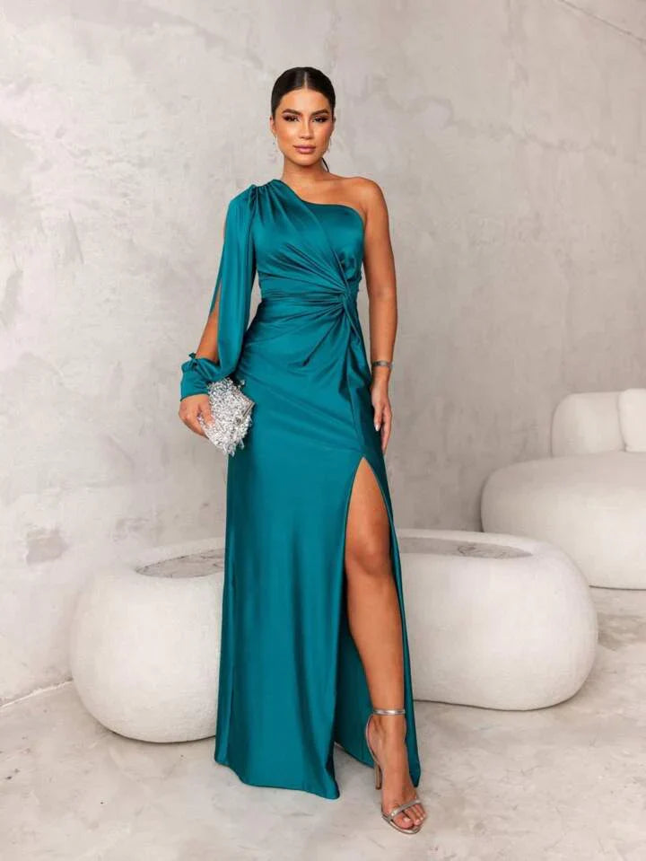 One-Shoulder Gown - Thigh Slit, Twisted Waist