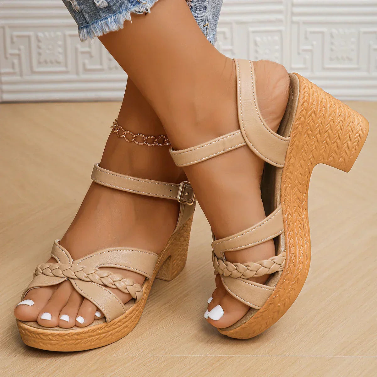 Woven Platform Sandals - Wedge Heel, Ankle Strap