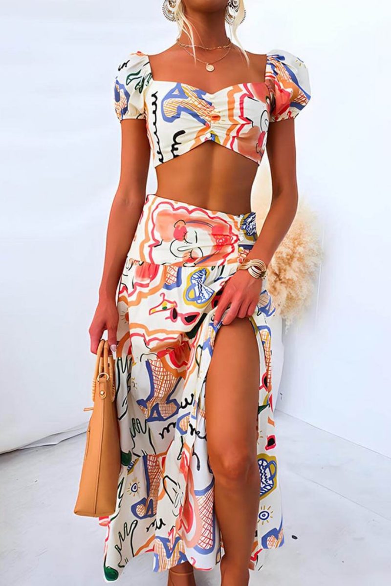 Abstract Print Crop Top Set - Maxi Skirt
