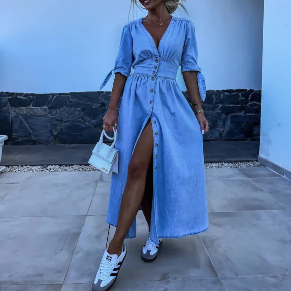 Denim Maxi Dress - V-Neck, Slit Detail