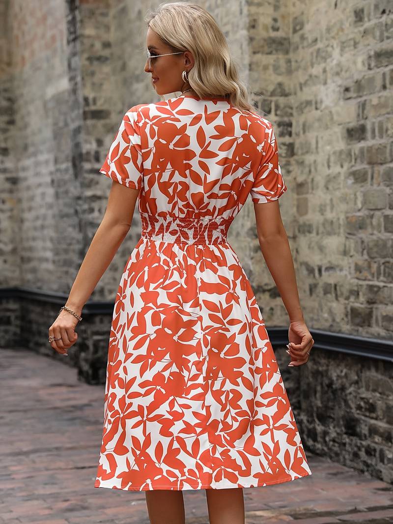Floral Midi Dress - V-Neck & Elastic Waist