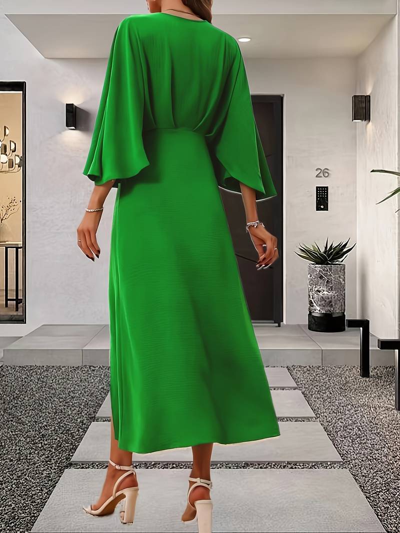 Bell Sleeve Dress - V-Neck Midi with Slit