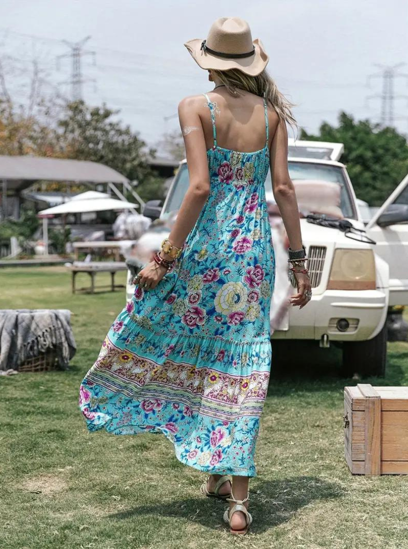 Bohemian Floral Maxi Dress - Tiered Skirt