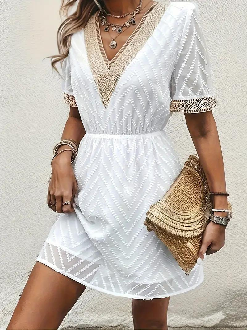 Women's White Embroidered V-Neck Dress – Short Sleeve, Elastic Waist, Lightweight-82469-0867ed76-684f-4019-bfb1-181c132f82e8