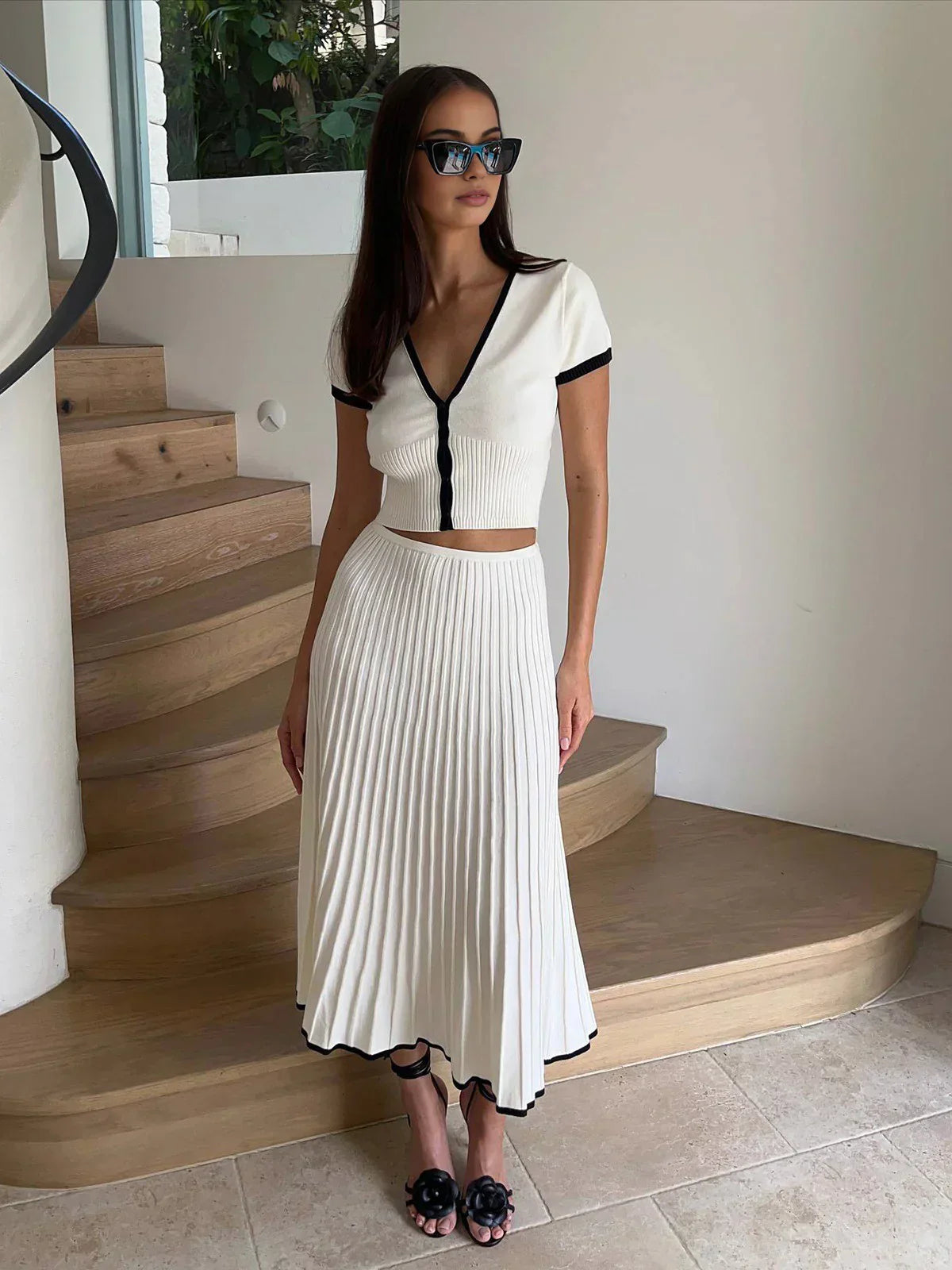 Ribbed Knit Two-Piece Set with Trimmed Skirt