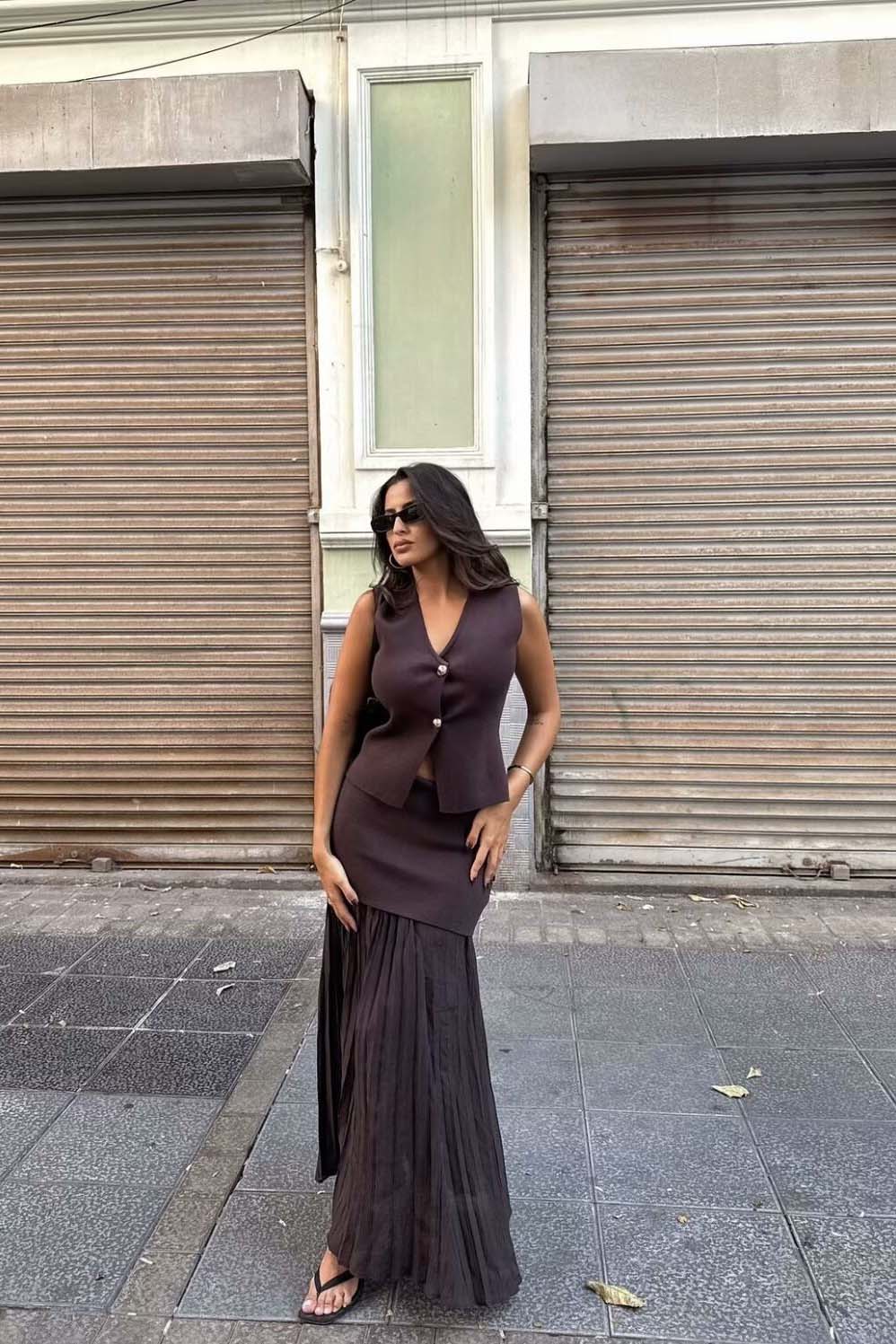 Sleeveless Vest & Pleated Skirt Set