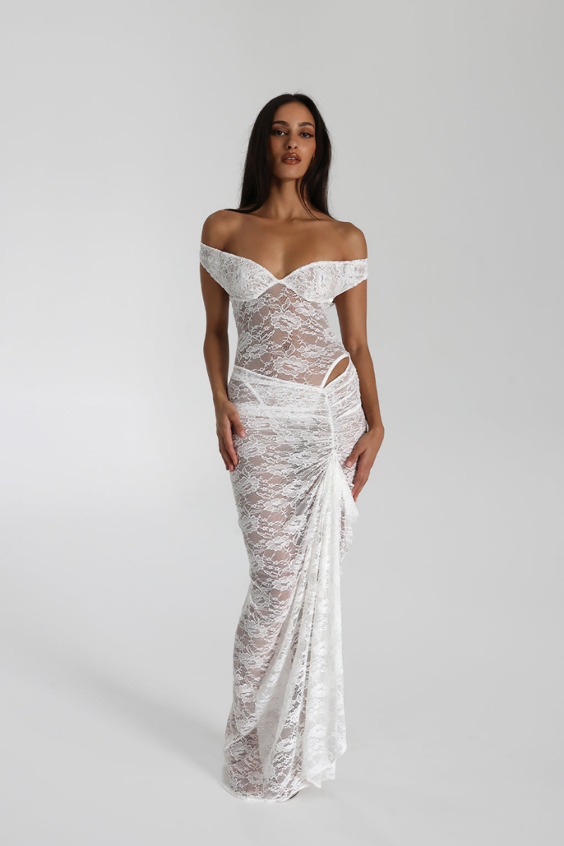 Lace Off-Shoulder Gown - Asymmetrical Hem