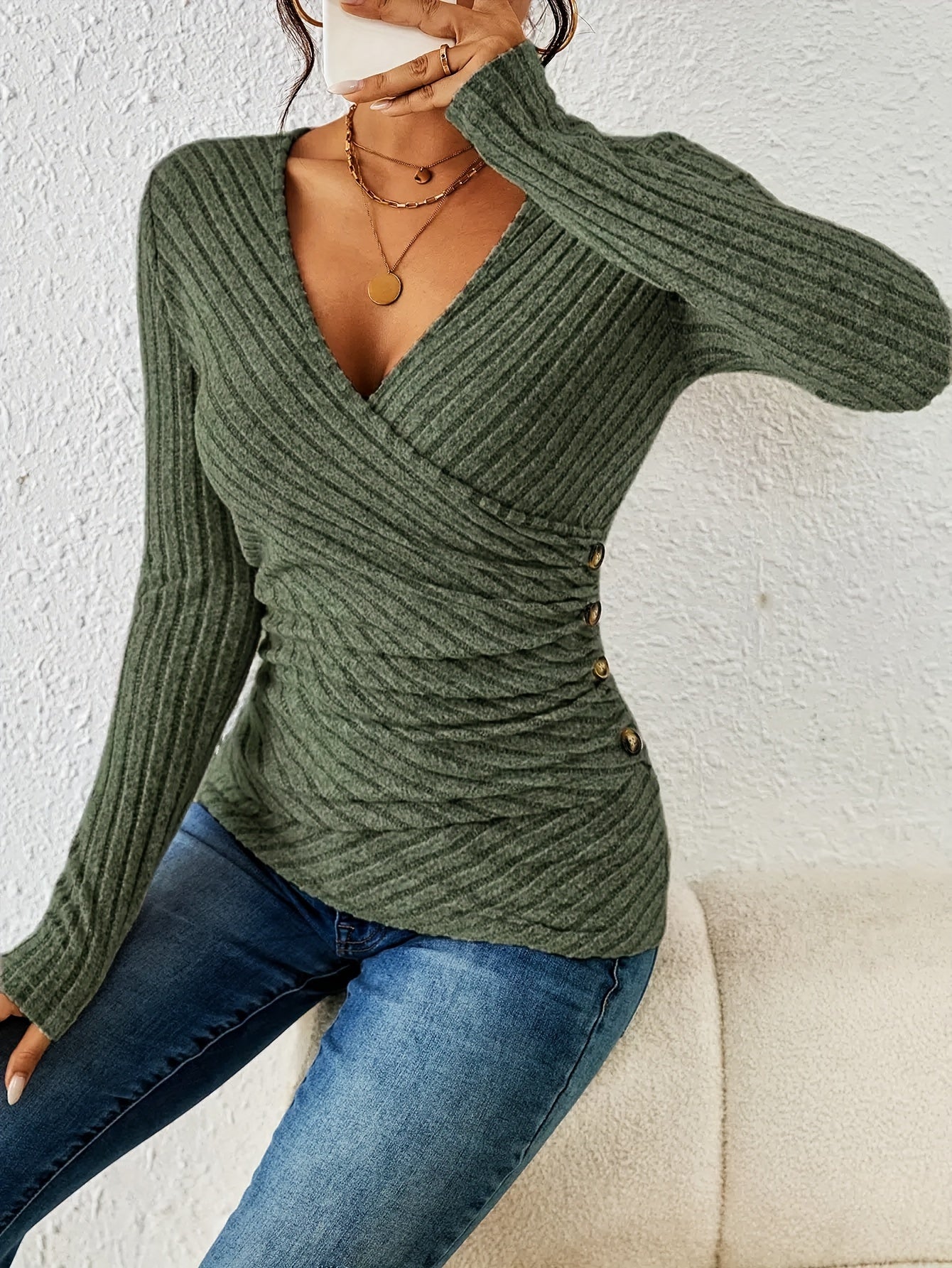Ribbed Wrap Top - Long Sleeve V-Neck