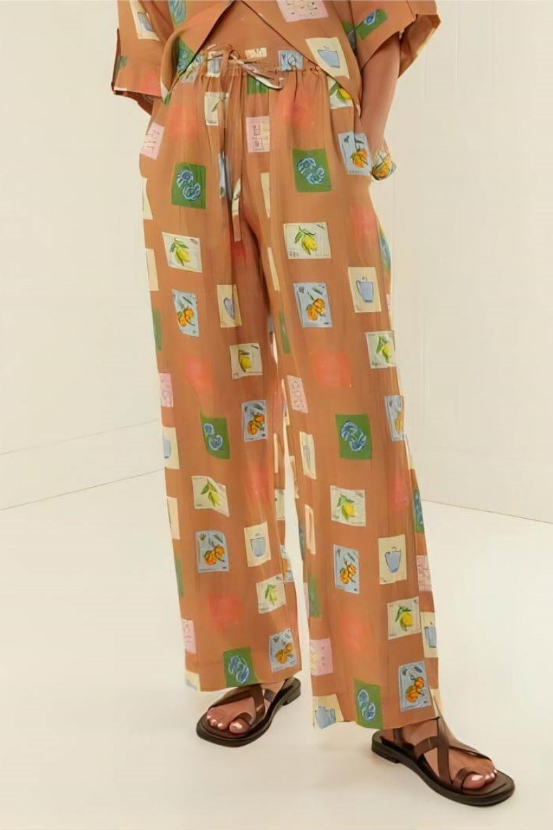 Printed Linen Set - Wide Leg Pants & Shirt