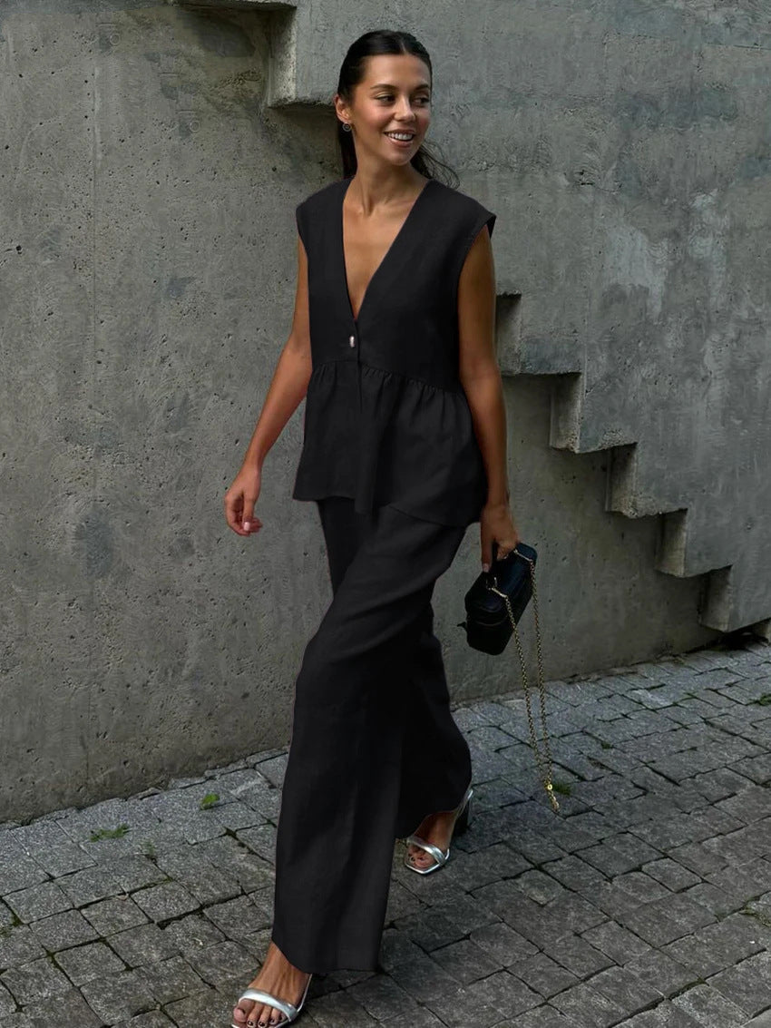 Basicfold Women's Linen Two-Piece Set – Sleeveless V-Neck Top & Wide-Leg Pants-83272-0c63c763-28ea-4941-8b59-9294f11645bc