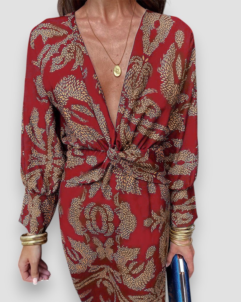 Women's Printed V-Neck Long Sleeve Dress with Knot Waist Detail-83293-0cd70f95-a68a-4a1f-a035-41577c935f07
