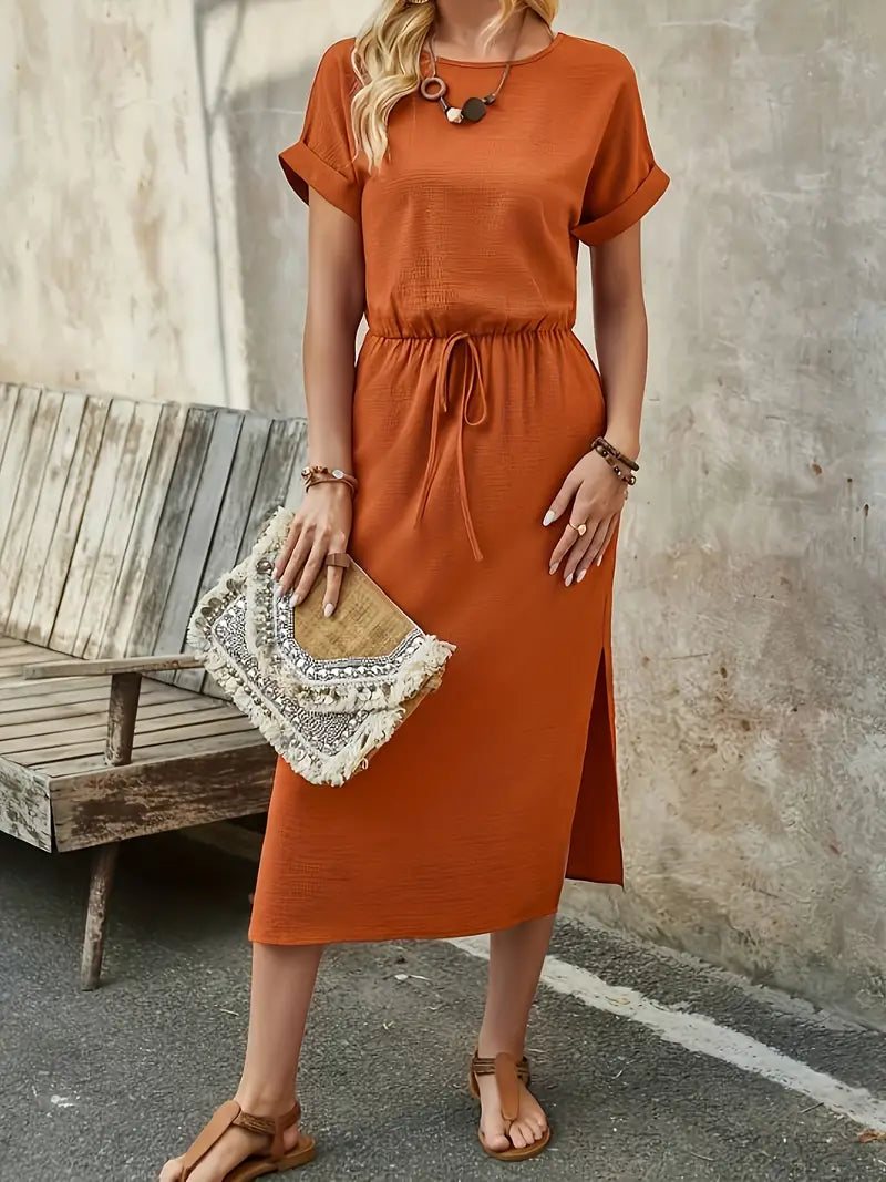 Textured Midi Dress - Drawstring Waist Slit