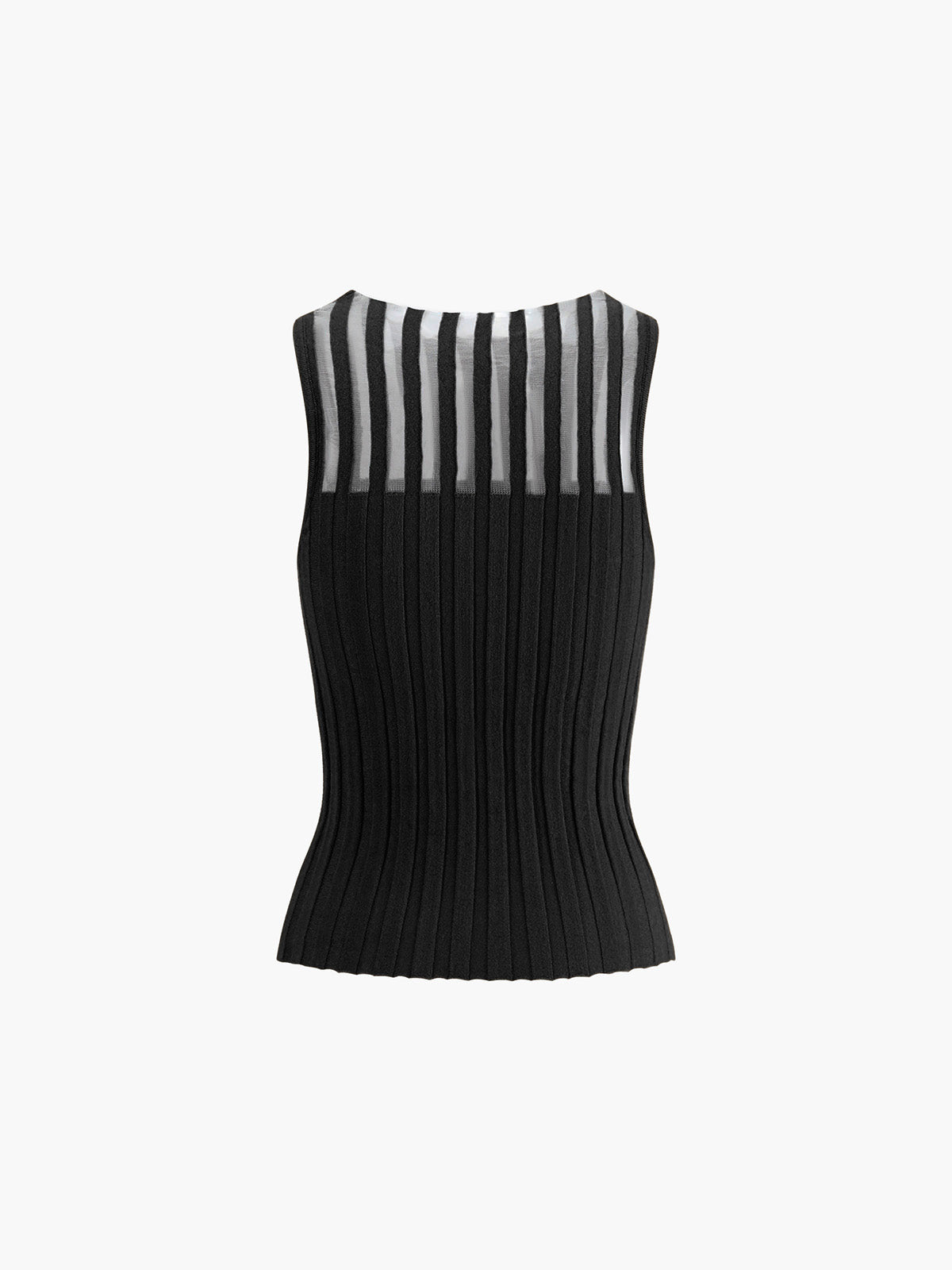 Ribbed Knit Top - Sheer Stripe Sleeveless Design