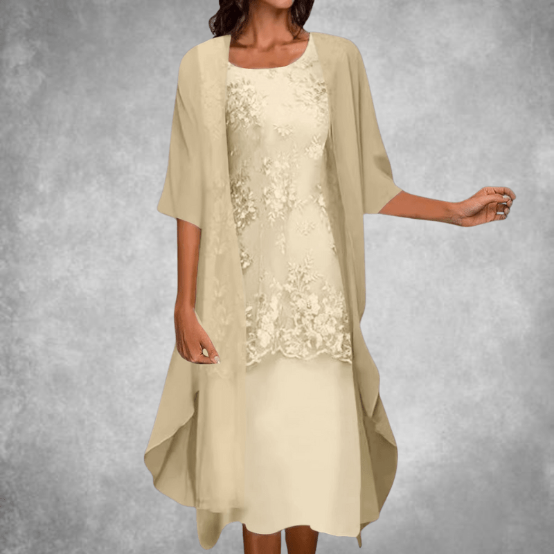 Lace Overlay Dress - Short Sleeve, Modest Fit