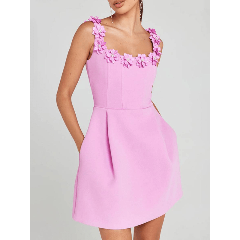 Floral Strap Mini Dress - Fitted Bodice Pockets