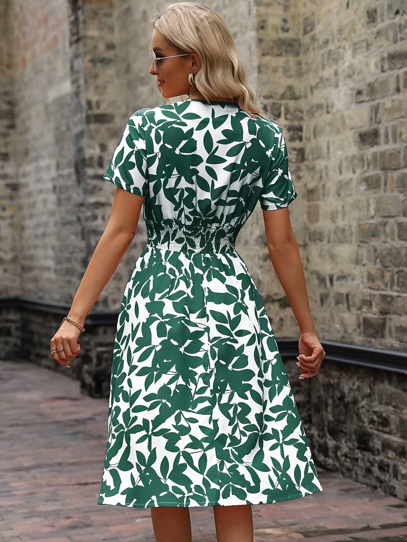 Floral Midi Dress - V-Neck & Elastic Waist