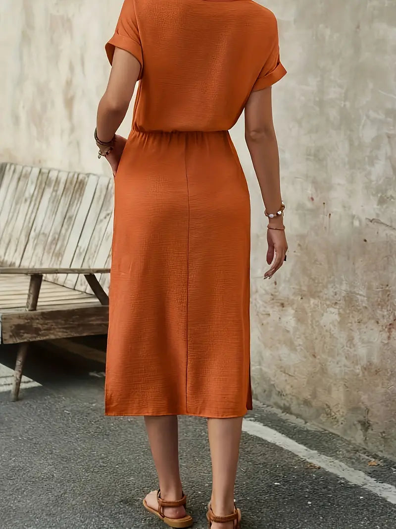 Textured Midi Dress - Drawstring Waist Slit