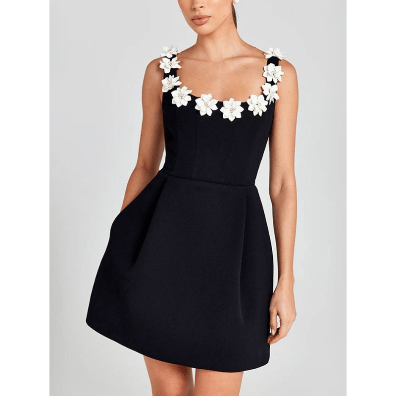 Floral Strap Mini Dress - Fitted Bodice Pockets