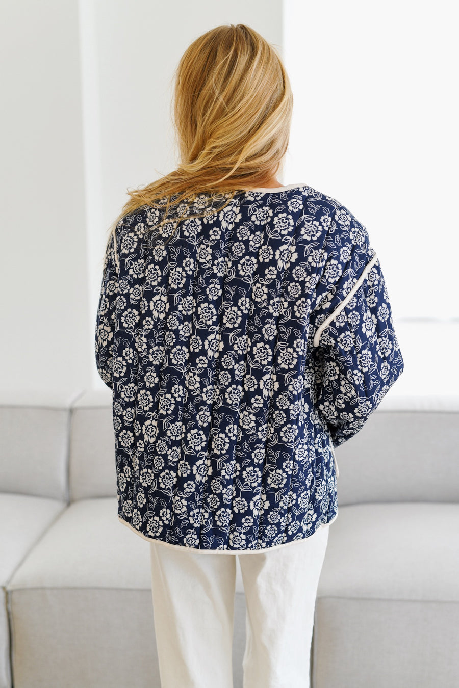 Floral Print V-Neck Jacket with Piping