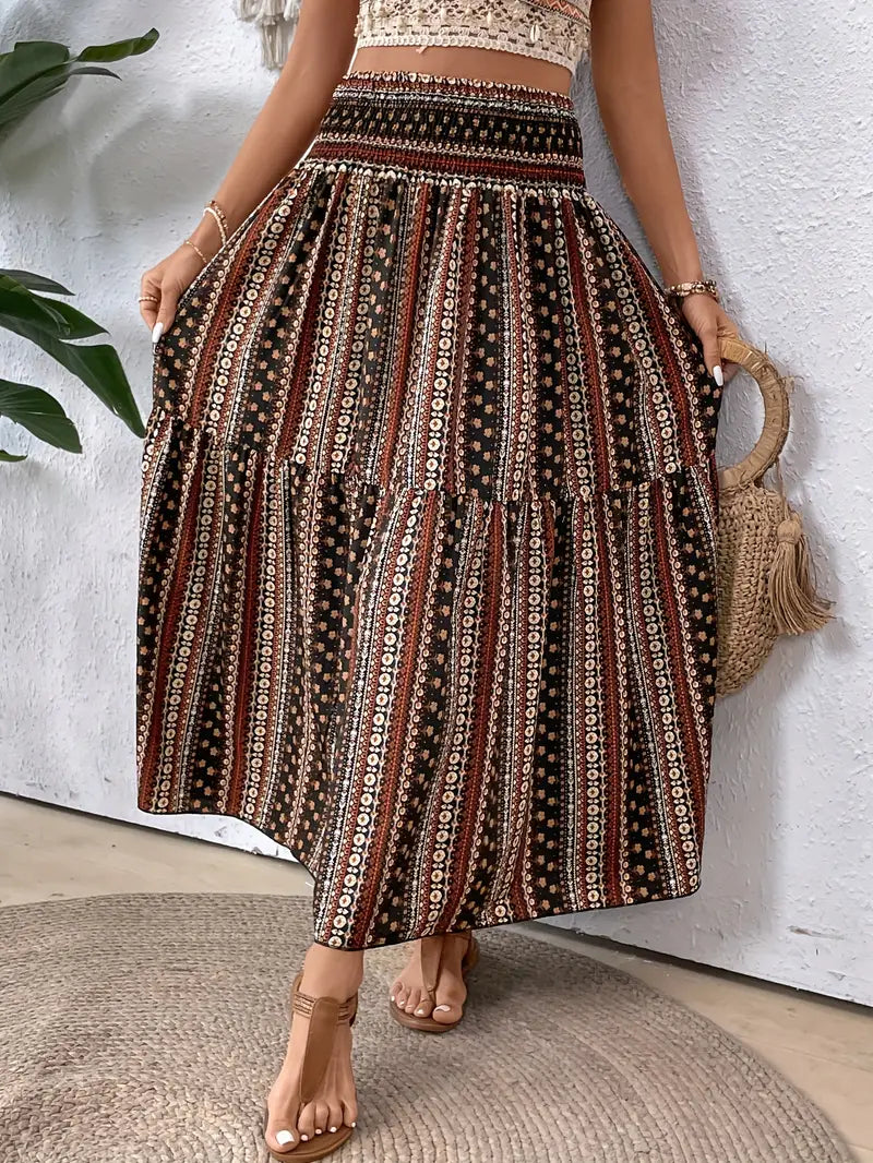 Bohemian Patterned A-Line Midi Skirt