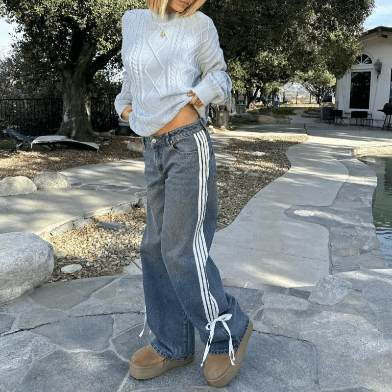 Wide-Leg Jeans – High Waist, Cable Knit Stripe