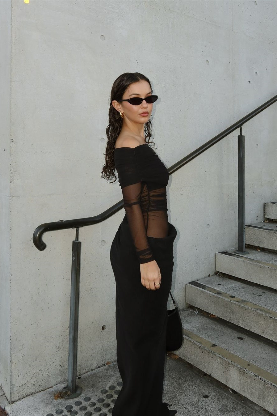 Sheer Sleeve Draped Skirt Occasion Gown