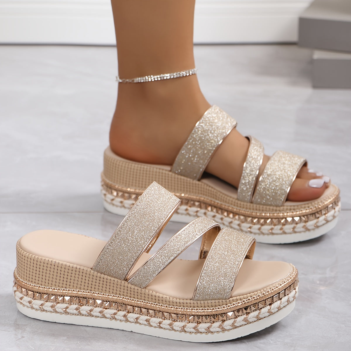 Shimmering Platform Sandals - Open-Toe Design