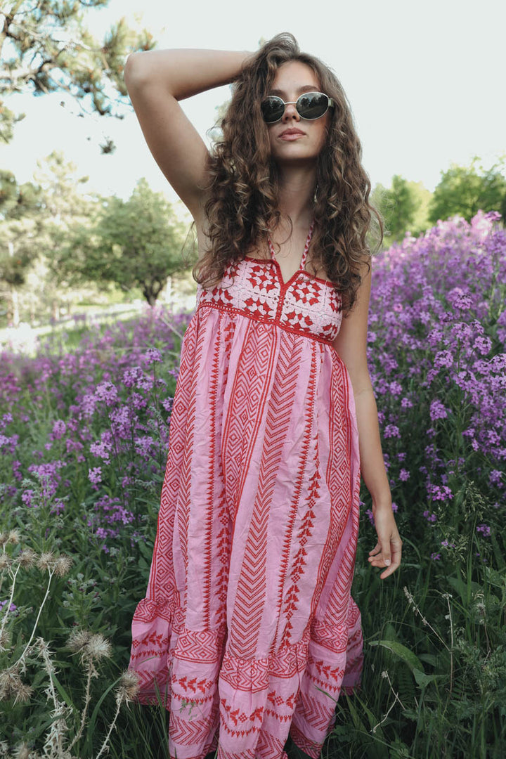 Bohemian Embroidered Maxi Dress - Tiered Skirt