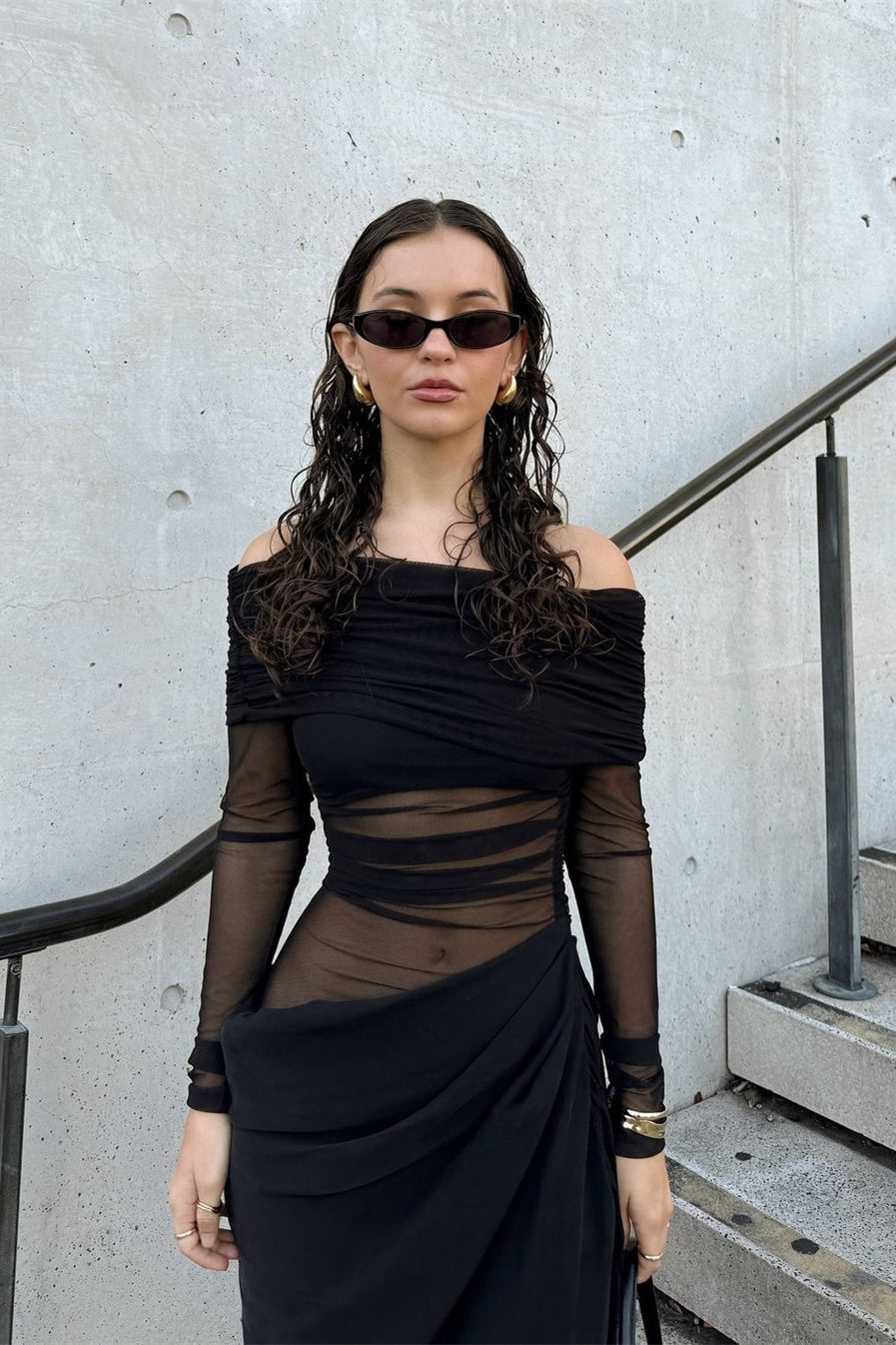 Sheer Sleeve Draped Skirt Occasion Gown