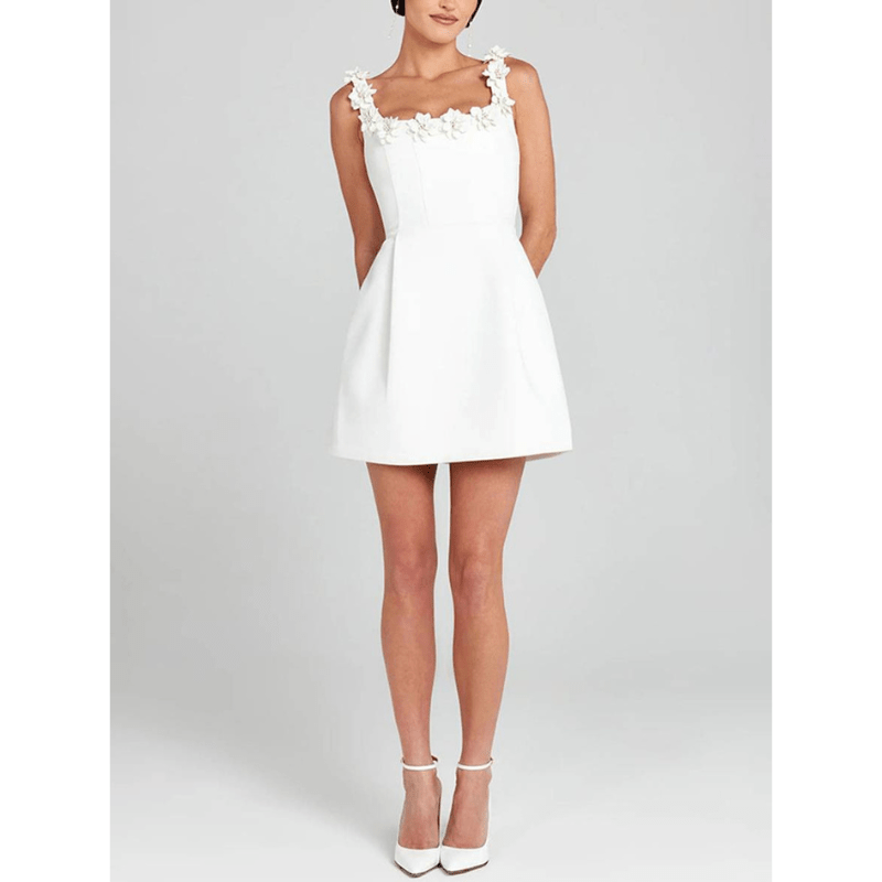 Floral Strap Mini Dress - Fitted Bodice Pockets