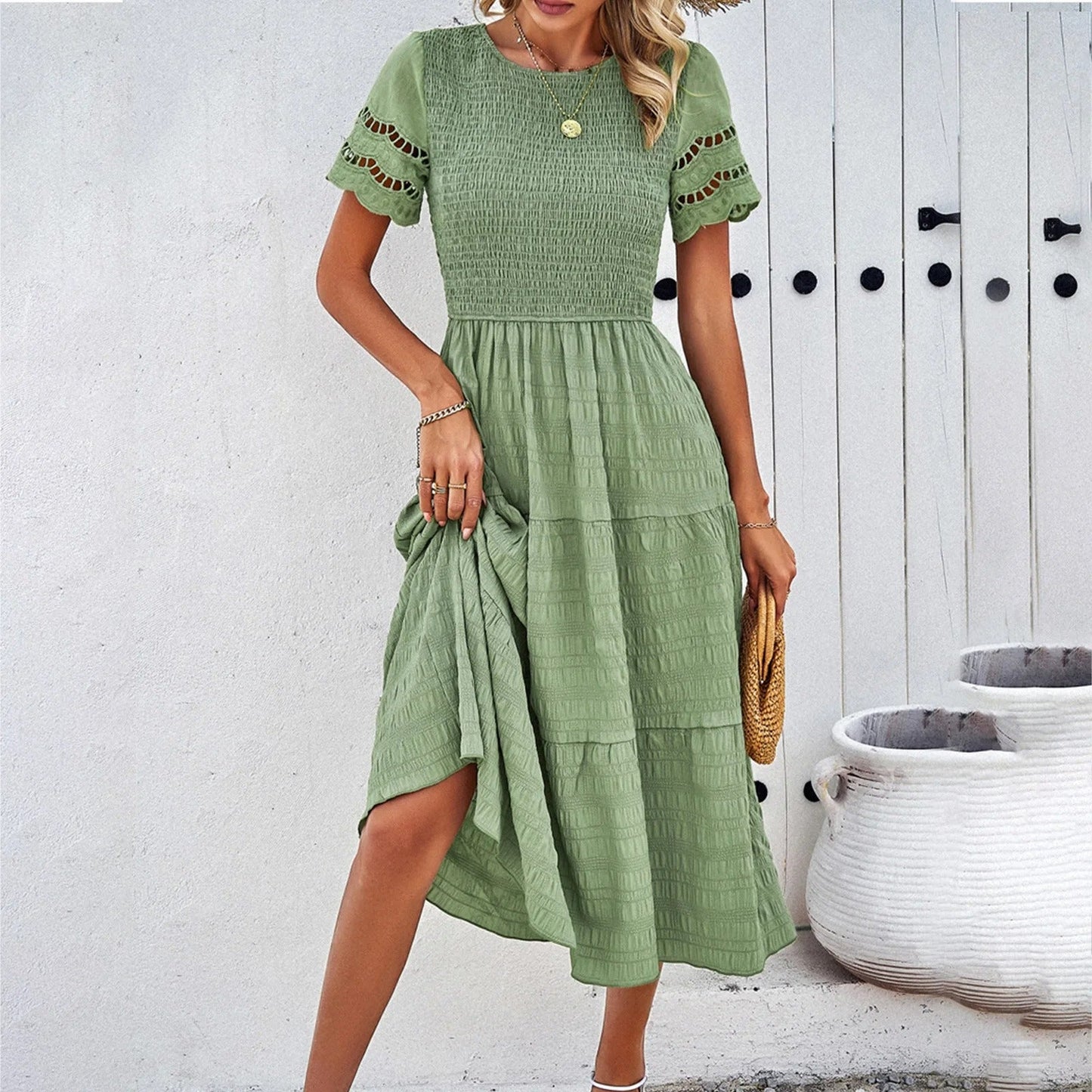 Women's Eyelet Smocked Tiered Mini Dress - Casual Summer Style-81836-16be4dc9-95b4-4527-b4de-c22e2eae562e