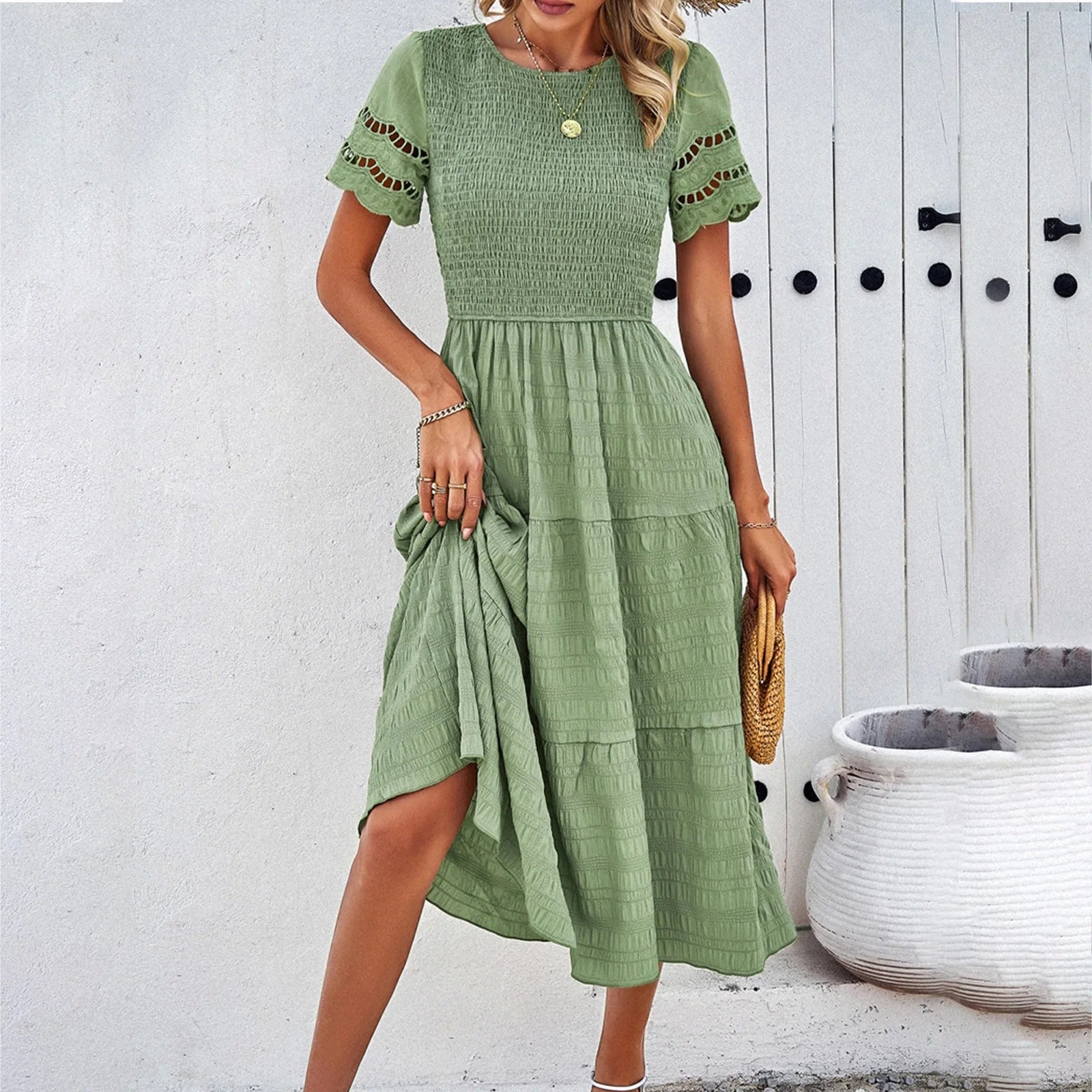 Women's Eyelet Smocked Tiered Mini Dress - Casual Summer Style-81836-16be4dc9-95b4-4527-b4de-c22e2eae562e