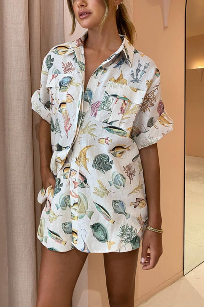 Fish Print Linen Shirt & Shorts Set