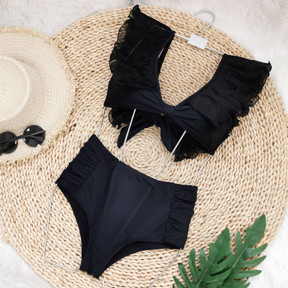 High-Waisted Swimwear Set - Ruffled Tie Front