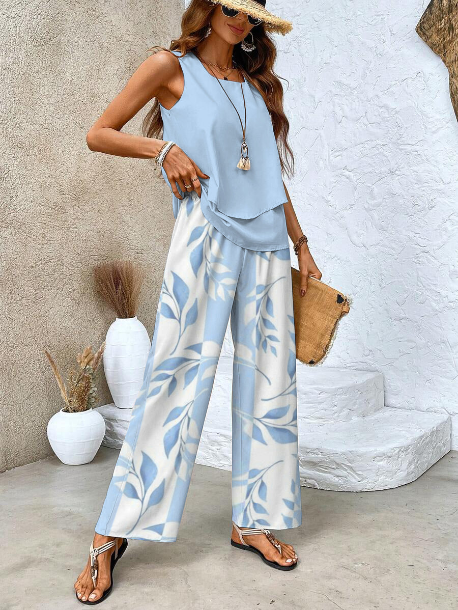 Patterned Two-Piece Set - Wide-Leg Pants
