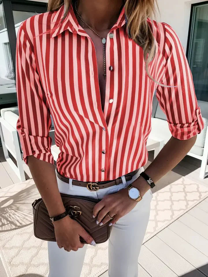 Striped Button-Up Top – Roll-Up Sleeve