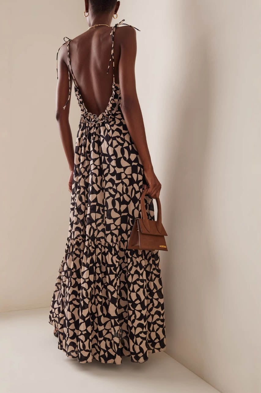Geometric Halter Maxi Dress - Tiered Skirt