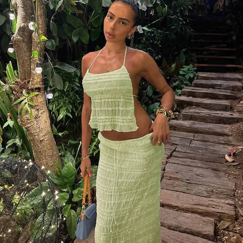 Women's Two-Piece Outfit – Gathered Halter Top & Midi Skirt with Drawstring Waist, Matching Set-83709-1a8d634d-78d1-4e40-b513-8f417dbed9c3