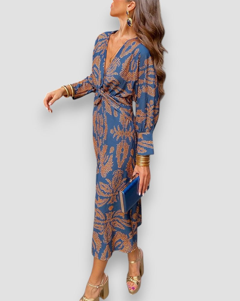 Women's Printed V-Neck Long Sleeve Dress with Knot Waist Detail-83293-1b690ae2-0456-4f55-815a-90aba0927b6a