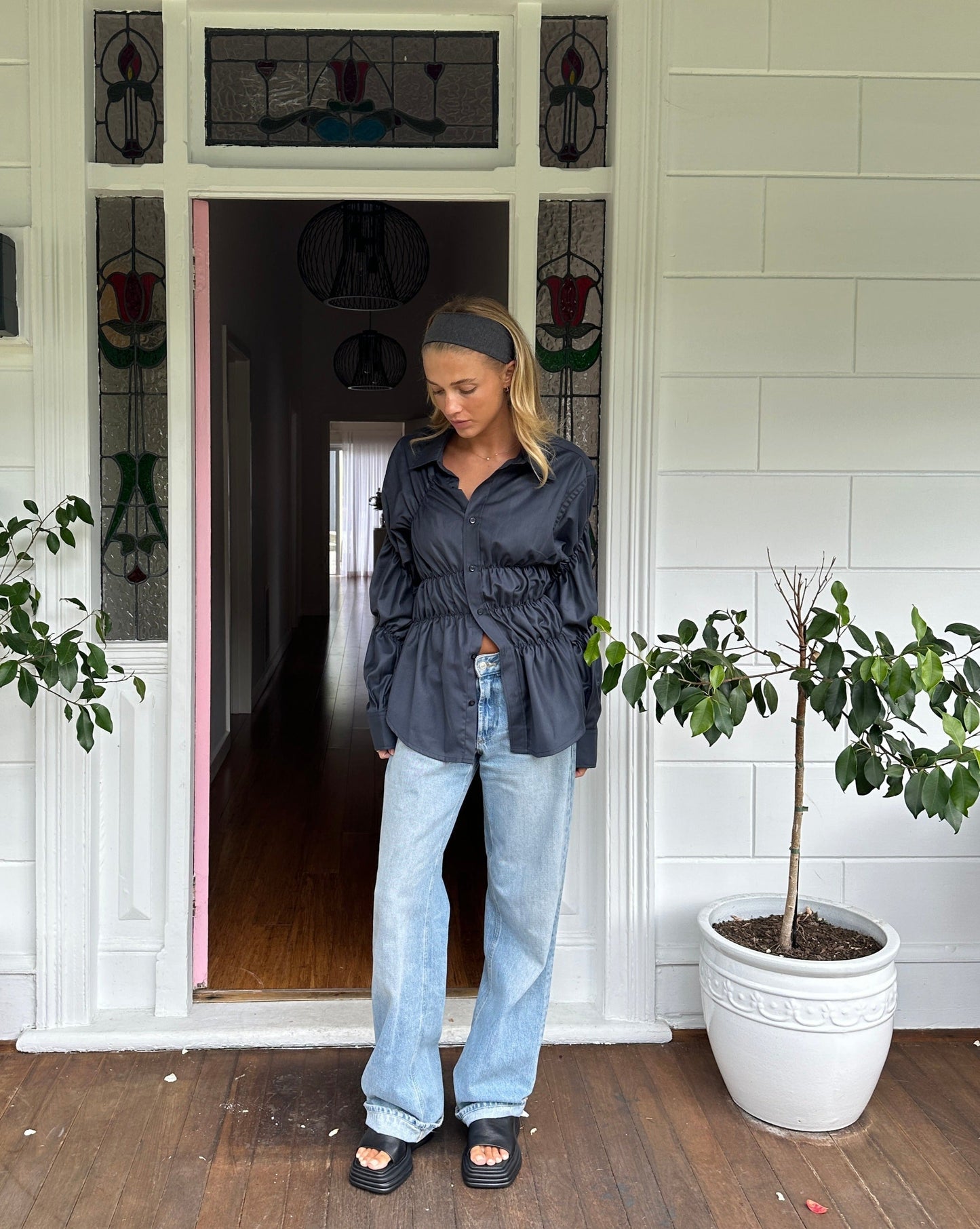 Women's Button-Down Shirt with Gathered Waist & Cuffs – Elegant Style-83304-1d860f61-ab09-4f82-a06b-081d67abf322