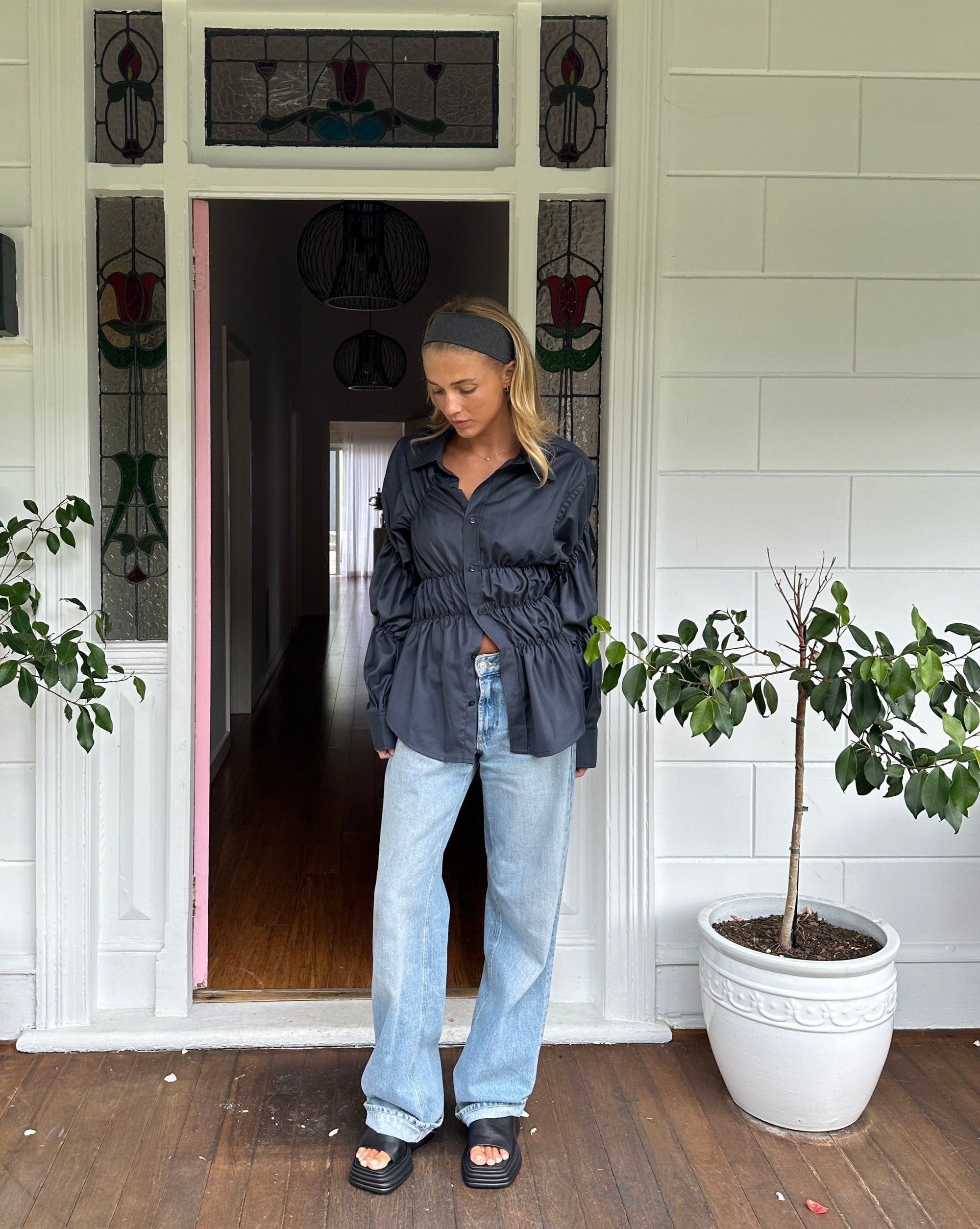 Women's Button-Down Shirt with Gathered Waist & Cuffs – Elegant Style-83304-1d860f61-ab09-4f82-a06b-081d67abf322