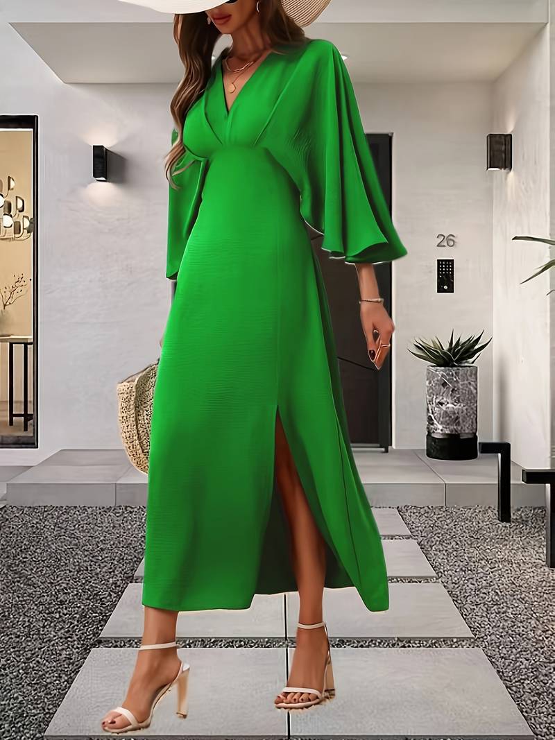 Bell Sleeve Dress - V-Neck Midi with Slit