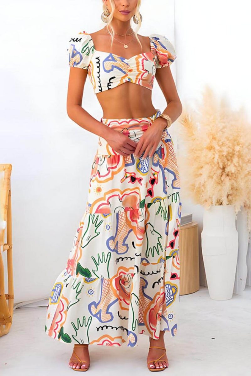 Abstract Print Crop Top Set - Maxi Skirt
