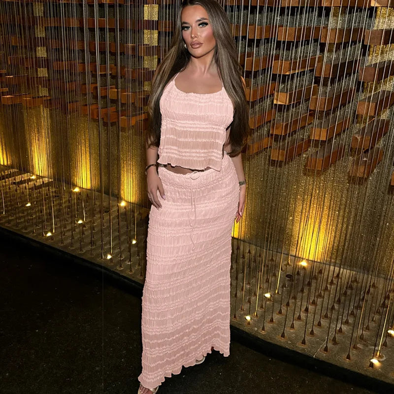 Women's Two-Piece Outfit – Gathered Halter Top & Midi Skirt with Drawstring Waist, Matching Set-83709-2098fa95-8861-40fd-aa4c-6f9b466dfed1