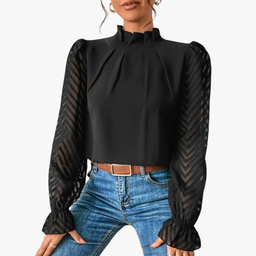 High Neck Blouse - Sheer Chevron Sleeves